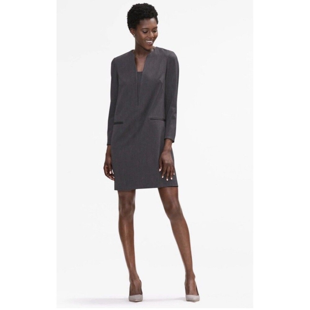 MM LaFleur Alice Dress Size 12 Charcoal Gray Vneck Long Sleeve Workwear Office